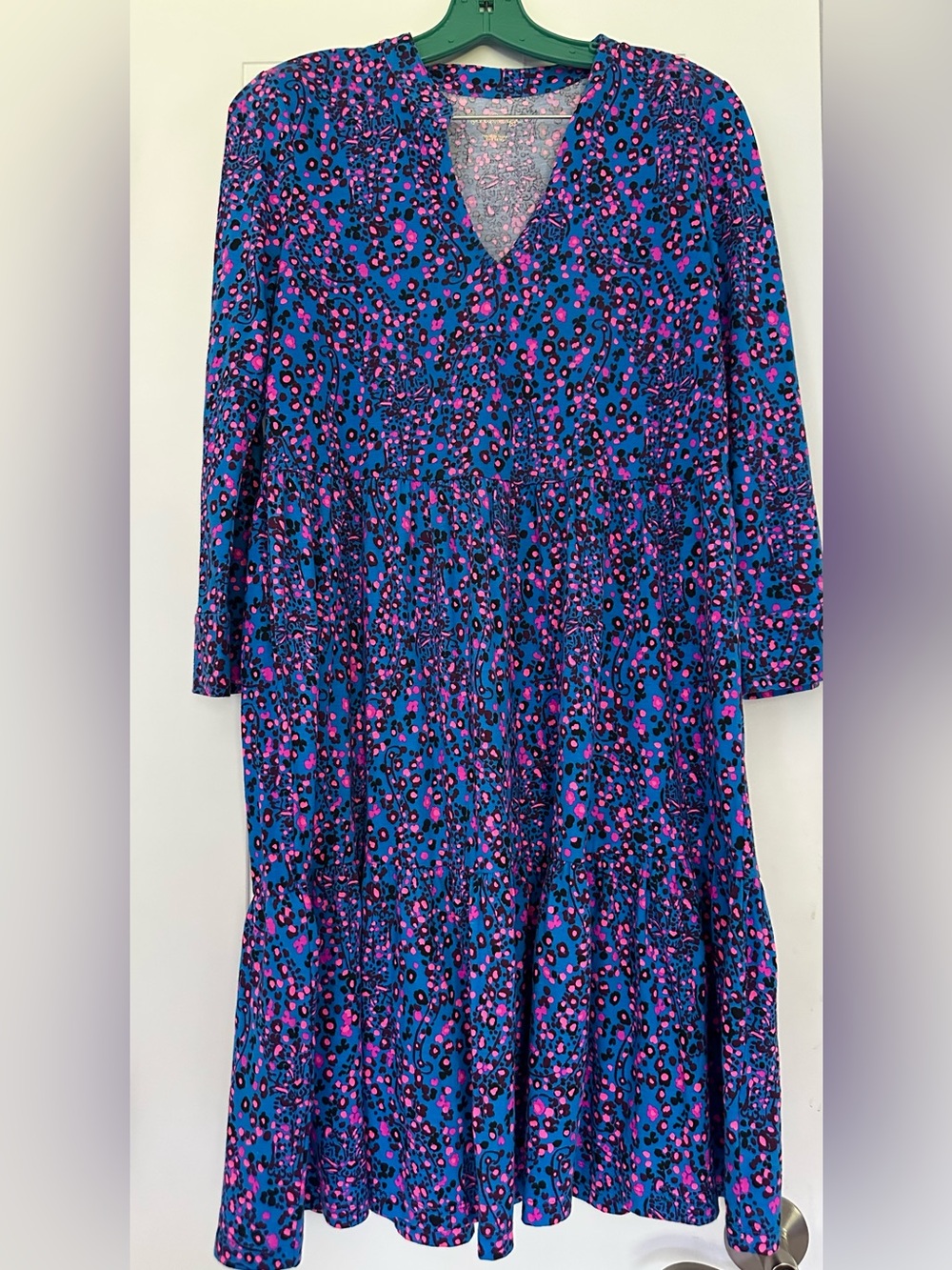 Lilly Pulitzer Alaina Tiered Dress V-Neck 3/4 Sleeve Blue Pink Women's Sz Small